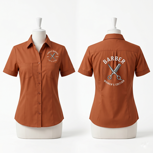 เสื้อเชิ้ตช่างตัดผมชายหญิง ผ้าโพลีเอสเตอร์คอตตอนพรีเมียม 180 GSM สีส้มสนิม แขนสั้น ติดกระดุมด้านหน้า ปักโลโก้ด้านหลัง พิมพ์ลายตามสั่ง - Product Image 1