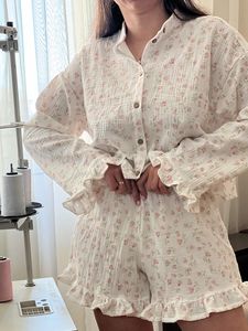 Conjunto de Pijama con Estampado Floral para Mujer, Camisa de Manga Larga con Cuello y Pantalones Cortos con Volantes, Ropa de Dormir - Product Image 4