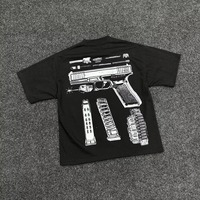 T-shirt noir à manches courtes pour homme avec imprimé plan de construction d'un pistolet au dos, style streetwear, coupe classique, en coton, col rond