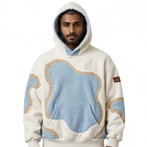 Sweat à capuche personnalisé en polaire ondulé 500 GSM, coupe ample, style streetwear, avec broderie de faucon et patchwork - Product Image 3