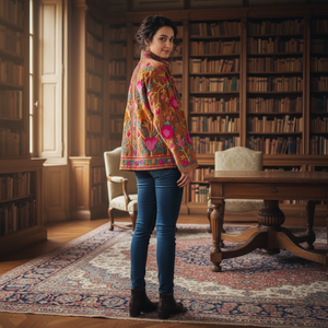 Brown Velvet Embroidery Bomber Jacket | Pink Floral Needle <b>Work</b> <b>Stand</b> Collar Women Casual Wear Handmade Masterpiece Outerwear - Product Image 2