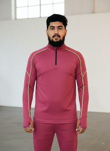 Camiseta Deportiva de Manga Larga con Media Cremallera Rosa para Hombre, con Costuras en Contraste, de Secado Rápido, Corte Regular, para Todas las Temporadas - Product Image 3