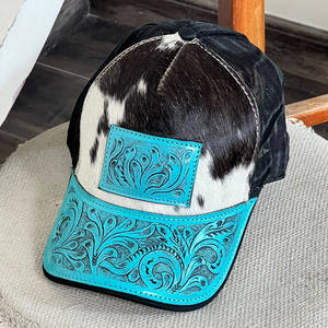 Casquette de baseball et casquette trucker de style occidental avec bordure florale en cuir turquoise et cuir de vachette travaillé à la main, et fermeture snapback réglable - Product Image 5