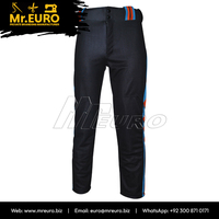 Pantalon de sport unisexe personnalisé en polyester noir avec rayures bleues et orange, imprimé par sublimation, séchage rapide, coupe ajustée, fermeture éclair, antibactérien