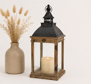 Vintage Rustic Wooden Candle <b>Lantern</b> with Matte <b>Black</b> Metal Top Farmhouse Decorative Glass Hurricane Lamp for Indoor Use - Product Image 2
