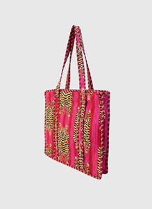 Sac fourre-tout bohème en coton avec motif léopard, broderie rose et or, sac de shopping pour femme toutes saisons, fermeture ouverte - Product Image 2