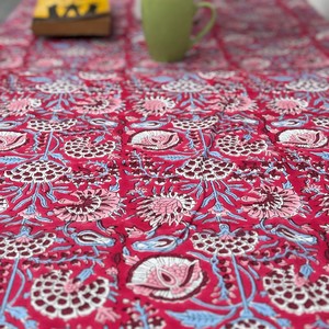 Indian Block Print Handmade 100% Cotton Dining <b>Tablecloth</b> White Pink Floral Design Custom Size Home Decor Farmhouse Style - Product Image 2