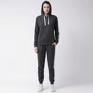 Women's Dark Gray Hooded <b>Tracksuit</b> <b>White</b> Side Stripes Full Sleeve Casual Sportswear Breathable Polyester Winter Wear Plus Size - Product Image 3