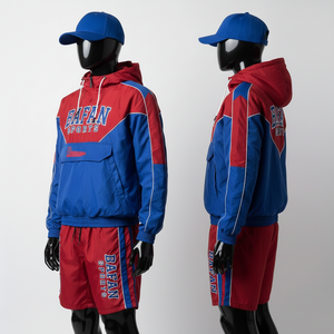 Conjunto corto cortavientos de nailon y poliéster de alta calidad para mujer, tela suave al tacto, diseño de paneles en contraste, impresión de logotipo personalizado, talla grande - Product Image 5