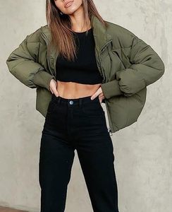 Women's Olive Green Quilted Jacket <b>Stand</b> Collar Full Sleeve Zipper Closure Thick Winter Solid Color Casual <b>Coat</b> - Product Image 1