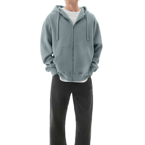 Custom <b>Men</b>’s Blue <b>Grey</b> Oversized Full Zip Hoodie with Drawstring Hood and Split Kangaroo Pockets - Product Image 4