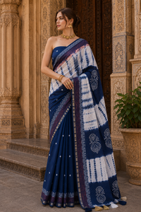 Sari de Algodón Azul Índigo, Sari Tradicional Indio con Estampado Bandhani, Prenda Étnica para Mujer, Sari Shibori Tie Dye con Borlas - Product Image 2