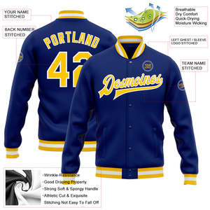 Chaqueta Varsity Casual Azul Rey y Dorado para Hombre, Otoño, Personalizada con Bordado, Botones a Presión, Estilo Béisbol, Fabricante de Marca Privada - Product Image 6