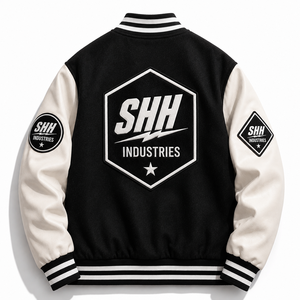 SHH INDUSTRIES Custom Black White Varsity Jacket Men Baseball Bomber with Embroidered Patches Snap Button College Letterman Jack - Product Image 2