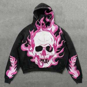 Sweat à capuche oversize streetwear en molleton de coton épais noir délavé, imprimé graphique crâne flamboyant rose de haute qualité, vente en gros - Product Image 1