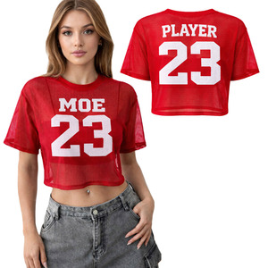Camiseta deportiva de fútbol americano roja para mujer, de malla transparente, con letras personalizadas, corte holgado, hombros caídos, MOQ bajo, 100% poliéster - Product Image 1