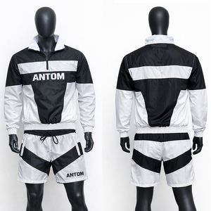 ชุดเซ็ตเสื้อแจ็คเก็ตซิปและกางเกงขาสั้นกันลมพิมพ์โลโก้ตามสั่ง 2 ชิ้น สีตัดต่อ ชุดเซ็ตกางเกงขาสั้นกันลมสำหรับผู้ชาย - Product Image 1