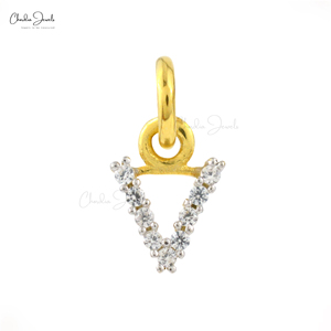 Wholesale 925 Sterling Silver V Alphabet Charm with Natural White Zircon 0.9MM Round Cut Rhodium Plated Initial Pendant for Wife - Product Image 1