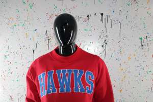 HAWKS RED <b>Mock</b> <b>Neck</b> Sweatshirt 100% BLUE Applique Embroidery wide <b>neck</b> Sweatshirt Finer Threads - Product Image 5