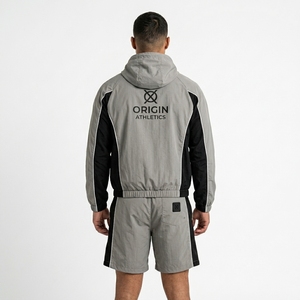 Unisex Lightweight Polyester/Nylon <b>Zip</b> Jacket Elastic Waist <b>Shorts</b> Set Waterproof Hooded Custom Logo Heat-Transfer Sportswear - Product Image 3