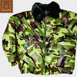 Blouson bomber en cuir camouflage pour homme, veste matelassée, col en fausse fourrure - Product Image 5