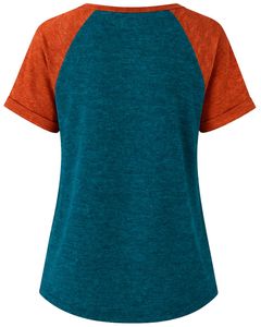 เสื้อยืดผู้หญิงสีฟ้าอมเขียว สีส้มสนิม แขนสั้น คอเฮนลีย์ ทรงแร็กแลน เนื้อผ้าฝ้ายนุ่ม สวมใส่สบาย ทรงหลวม เสื้อยืดฤดูร้อน ระบายอากาศได้ดี - Product Image 2