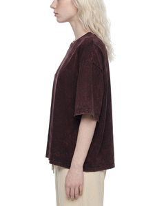 Camiseta Oversize de Cuello Redondo para Mujer, Color Borgoña, 100% Algodón, Corte Holgado, Manga Corta, Color Sólido, Casual, con Ribete en Contraste, Lavado Ácido - Product Image 4