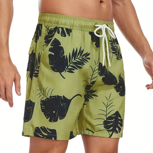 <b>Men's</b> Green Geometric Print Quick Dry Satin Swim <b>Trunks</b> with Drawstring Mid Waist Casual Shorts and Pockets - Product Image 4