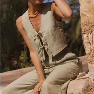 Women <b>Linen</b> Solid Embroidered Co-Ord <b>Set</b> Sleeveless Tie Front Crop Top Wide Leg Pants Summer Resort Wear Breathable Eco-Friendly - Product Image 1