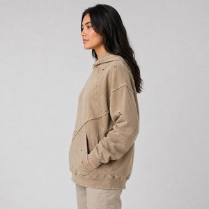Sudadera con capucha estilo grunge desgastada, oversize, vintage, para mujer, lavada, holgada, de ajuste relajado, de forro polar suave, con borde deshilachado - Product Image 2