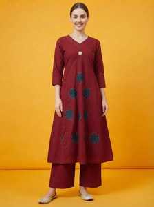 Women's Maroon Cotton Quick Dry A-Line <b>Kurti</b> Pant Suit Set Regular Fit Knee-Length Traditional <b>Indian</b> Wear Casual All Seasons - Product Image 4
