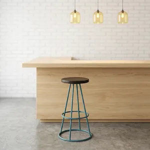 Tabouret de bar moderne scandinave avec assise en bois et structure métallique bleue, tabouret de comptoir durable - Product Image 3