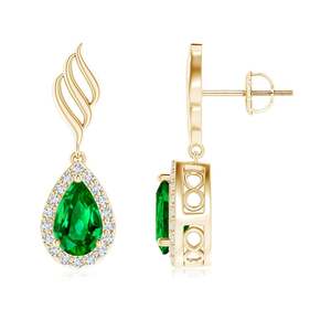 Boucles d'oreilles pendantes en émeraude et diamant en forme de poire, avec halo d'émeraudes, en or rose 14 carats, motif feuille, bijoux pierre de naissance de mai - Product Image 1