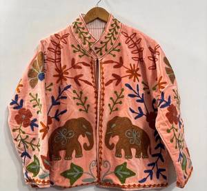Handmade Vintage Kantha <b>Velvet</b> <b>Jacket</b> Women Floral Embroidered Elephant Design Winter Short Coat Bohemian Ethnic Outerwear - Product Image 1