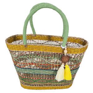 Bolso Tote Rectangular de Pasto Marino Tejido a Mano con Patrón Geométrico Colorido, Detalle de Borla, Bolso de Paja Ecológico - Product Image 3