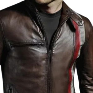 <b>Mens</b> <b>Brown</b> Genuine <b>Leather</b> Streetwear <b>Jackets</b> Contrast Vertical Stripes Snap Collar Zip Front Chest Pocket Premium OEM Outerwear - Product Image 6