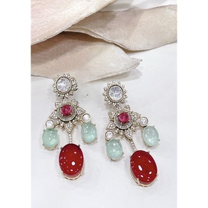 Flawless <b>Silver</b> Plated Flower Chandelier <b>Earrings</b> With Ruby And Aquamarine Stones For Women Party Wear - Product Image 1
