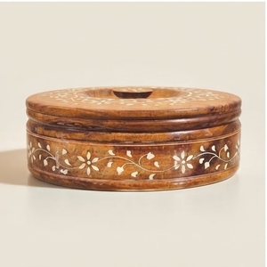 Trending Mango Wood Stock <b>Pot</b> With Lid Traditional Floral Inlay Design Sustainable Handcrafted Round Container - Product Image 2