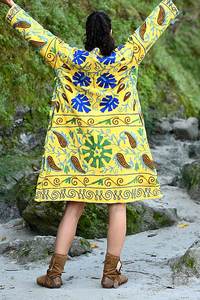 Ethically Handcrafted Yellow <b>Boho</b> Women Suzani Embroidered Long Jacket With Side Pockets Casual Outings Relaxed Fit Ladies Coat - Product Image 5