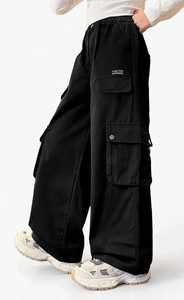 Pantalones Cargo Negros de Cintura Alta para Mujer, Corte Holgado, Pierna Ancha, con Múltiples Bolsillos - Product Image 4