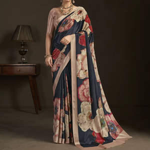 Hermoso Sari Tradicional de Crepé de Seda para Mujer, con Estampado Floral Digital, Listo para Usar en Fiestas, Completo con Blusa Cosida - Product Image 1