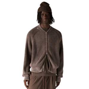 Blouson Bomber Homme Marron Foncé Lavé en Maille Côtelée, Veste Décontractée à Fermeture Éclair avec Poignets et Ourlet Côtelés, Vêtement d'Extérieur Tendance - Product Image 5