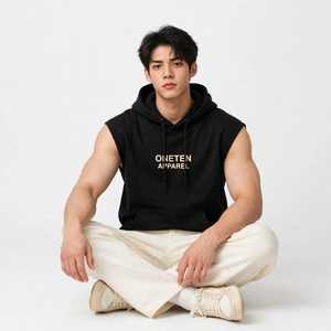 Hoodie sans manches en coton noir pour homme, coupe classique, avec logo frontal et poche kangourou - Product Image 6