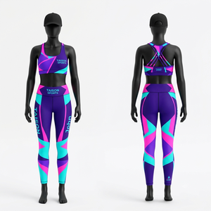 Premium 250 GSM Nylon Spandex Sky Blue Panel Legging Bra Set Custom Sublimation Heat Transfer <b>Silicone</b> Logo - Product Image 4