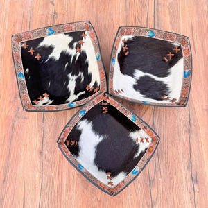 Bol en cuir de vachette véritable 3 jeux de plateaux Western Floral en cuir Whipstitch Bowl Luxurious Valet Tray Wedding Gift - Product Image 2