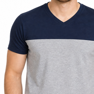 Camiseta clásica de hombre con cuello en V en dos colores, azul marino y gris claro, con logo personalizado, camiseta colorblock en blanco. - Product Image 3