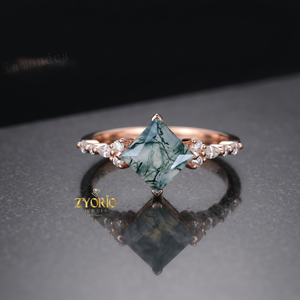 Anillo de Compromiso de Plata de Ley 925 con Ágata Musgosa Corte Princesa y Detalles de Diamantes, Anillo de Promesa de Ágata Musgosa Inspirado en la Naturaleza, Único B - Product Image 2