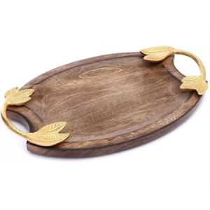 Unique Design Oval <b>Wooden</b> <b>Serving</b> <b>Tray</b> With Brass Leaf Designer Handles Prefect Table Top And Home Decorative Centerpiece - Product Image 1