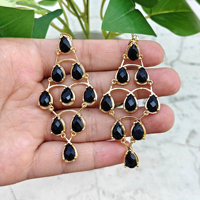 Boucles d'oreilles pendantes de luxe en onyx noir, multi-pierres, légères, plaquées or 18 carats, en laiton, style néo-gothique, forme poire, pour mariage