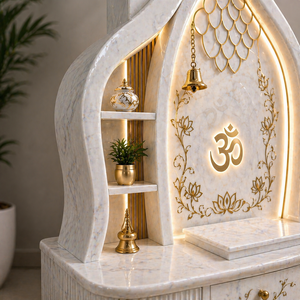 Mandir de Pooja de Mármol Blanco Ecológico Hecho a Mano de Primera Calidad para el Hogar |   Templo de Lujo Iluminado con LED, Diseño de Loto OM con Incrustaciones de Oro - Product Image 4